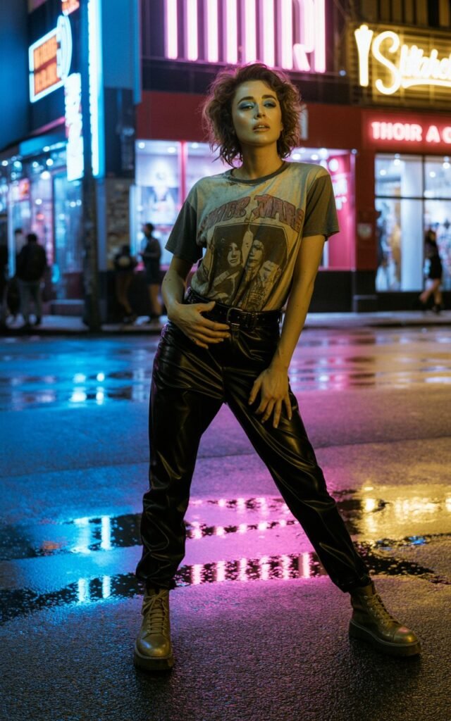 Nighttime urban backdrop with neon lights reflecting on wet pavement. The model wears a vintage band tee, black leather pants, and combat boots. Her makeup is bold, with messy-chic hair, and she looks off-camera with rebellious confidence.