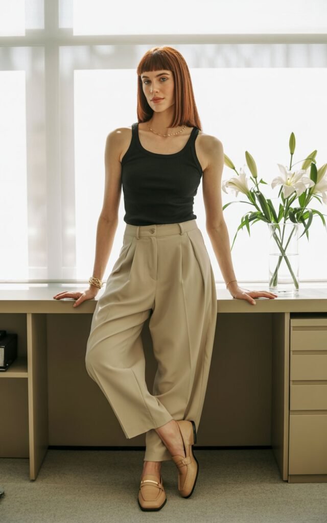 Office-inspired indoor setup. The model wears a black tank top tucked into high-waisted cream pleated trousers, paired with nude loafers and gold jewelry. Hair is sleek and straight. Soft window lighting adds professionalism and calm energy.