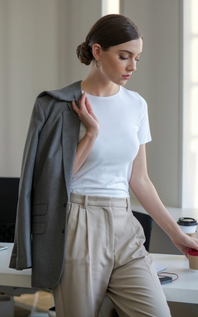 Office-inspired photo of a white-skinned woman with dark blonde hair styled in a sleek bun, wearing beige tailored trousers, a white tee, and a gray blazer draped over her shoulders. Clean, modern office interior with soft window light. She’s standing by a desk with a coffee cup, expression focused and composed.