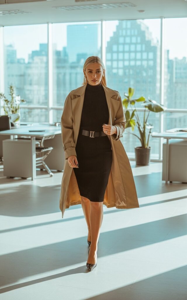 Office-like interior with large windows and natural light. She wears a fitted ribbed turtleneck dress under a beige belted trench coat with heels. Her hair is sleek and parted in the middle. She’s walking confidently across the space, giving boss-energy vibes.