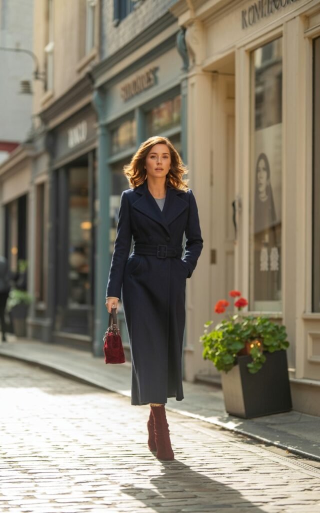 On a cobblestone street lined with boutique shops, shot in soft morning light. The model wears a navy belted wool coat, suede booties, and carries a matching handbag. Her loose waves frame her face as she walks confidently mid-step. The vibe is refined and modern.