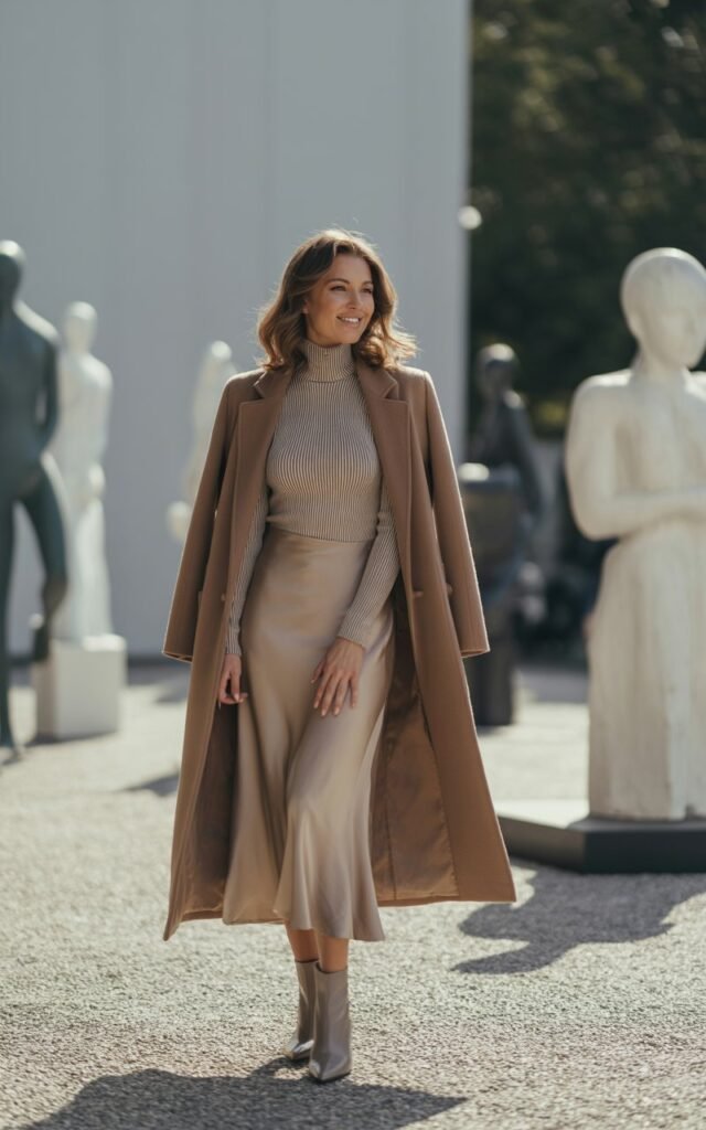 Outdoor art gallery courtyard with diffused daylight. She’s wearing a ribbed fitted turtleneck, satin midi skirt, and a long tailored coat in neutral tones. Her hair is styled in soft waves, and she wears ankle boots. She’s standing elegantly, mid-turn with a thoughtful smile.