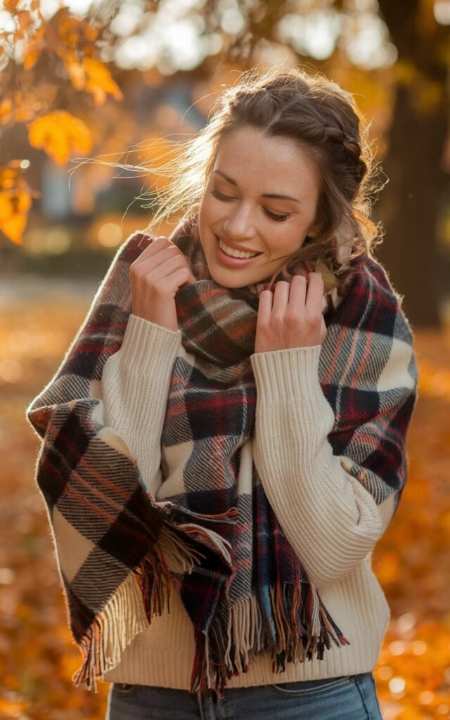 Outdoor autumn park setting with a white-skinned woman wrapped in a plaid scarf, cream sweater, and jeans. Golden-hour sunlight filters through orange leaves. She’s playfully adjusting her scarf, hair softly tousled by the breeze, smiling genuinely.