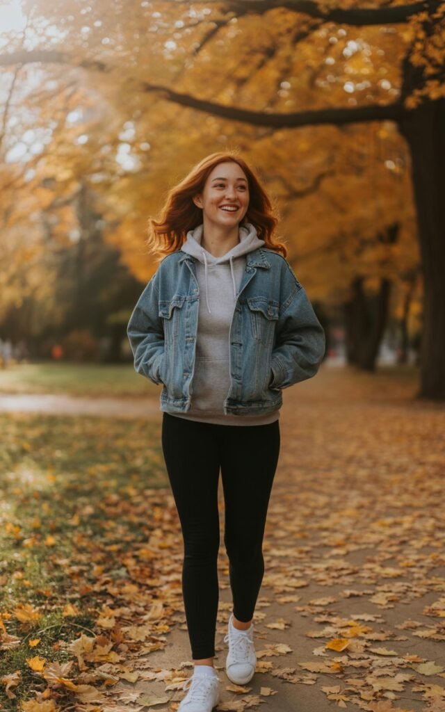 Outdoor autumn park with orange leaves and soft sunlight. The model wears a gray hoodie under a classic denim jacket, paired with black leggings and white sneakers. Her chestnut hair peeks from under the hood. She walks casually, smiling naturally — cozy, real, relatable.