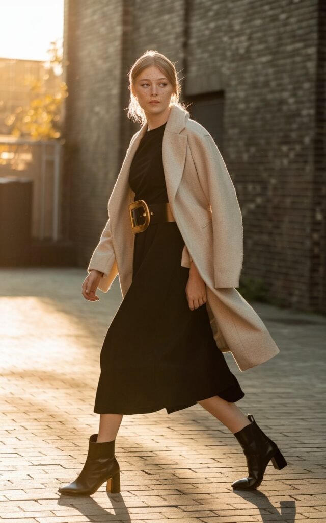 Outdoor brick alleyway with golden sunlight. White-skinned model with light freckles wears a black midi dress, bold gold-buckled belt, and ankle boots. Lighting is golden hour. She looks over her shoulder mid-step, effortlessly confident.