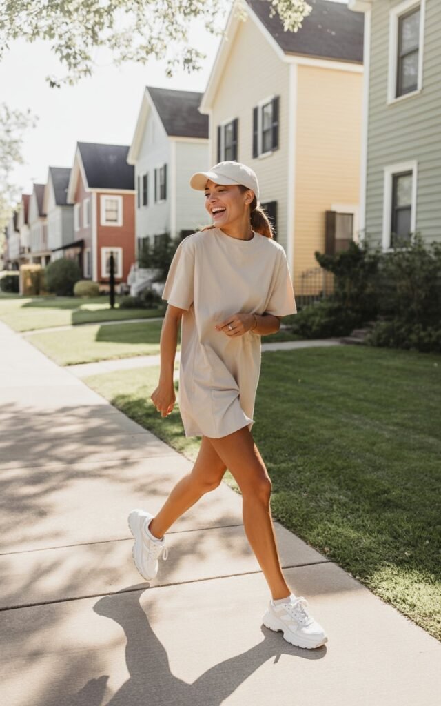 Outdoor candid photo on a sunny suburban street. The model wears a loose beige T-shirt dress with chunky white sneakers and a baseball cap. Hair in a low ponytail, minimal makeup. She’s mid-walk, laughing naturally under bright daylight.
