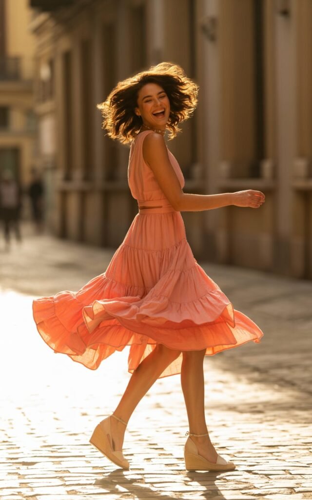 Outdoor cobblestone street during golden hour. Model in a coral tiered ruffle midi dress with espadrille heels, hair in soft curls. Captured mid-spin, joyful laugh, skirt flowing dramatically.