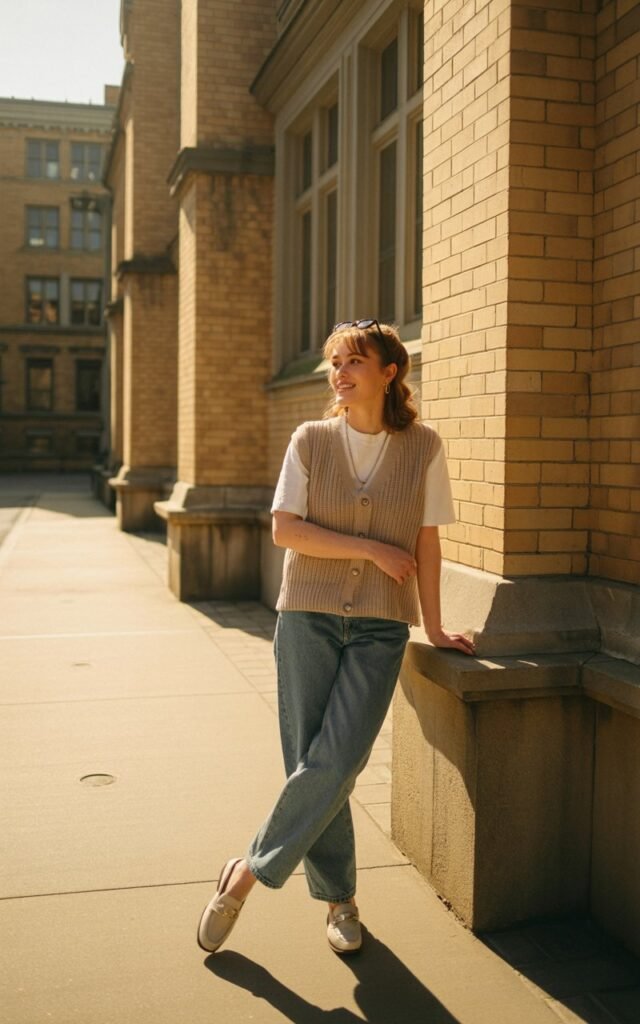 Outdoor college campus vibe. The model wears a beige knit vest layered over a white tee, straight-leg jeans, and loafers. Hair in a messy bun with reading glasses perched on her head. Late afternoon sunlight creates a warm, scholarly aesthetic.