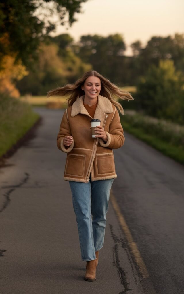 Outdoor countryside road scene. Model wears a tan shearling-lined jacket, jeans, and ankle boots. Hair flowing in the wind, golden hour sunlight. She’s walking casually with a warm smile, holding a coffee cup.