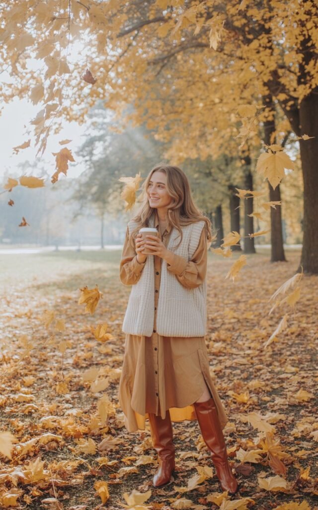 Outdoor fall park scene with golden leaves. The model wears a cream knit vest layered over a tan maxi shirt dress with knee-high boots. Her light brown hair flows naturally, and she holds a hot drink with a gentle smile. Natural daylight creates soft, diffused warmth.