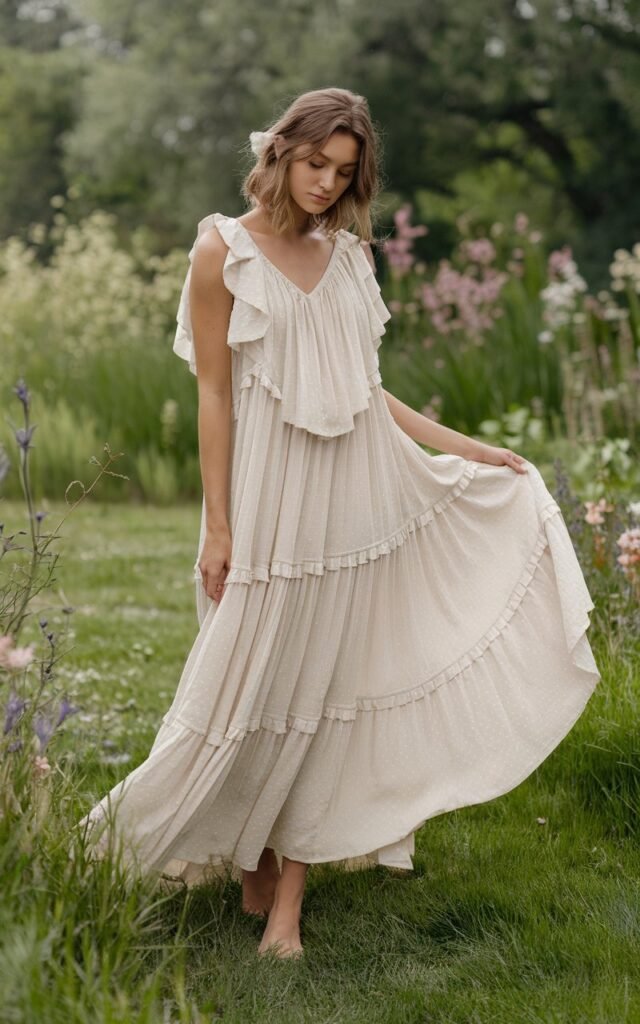 Outdoor garden photo under natural sunlight. The model wears a flowing white tiered maxi dress with delicate ruffles and no visible jewelry. Her hair is styled naturally with soft waves. She stands barefoot in grass, holding the edge of her skirt, surrounded by greenery and flowers for a soft, ethereal feel.