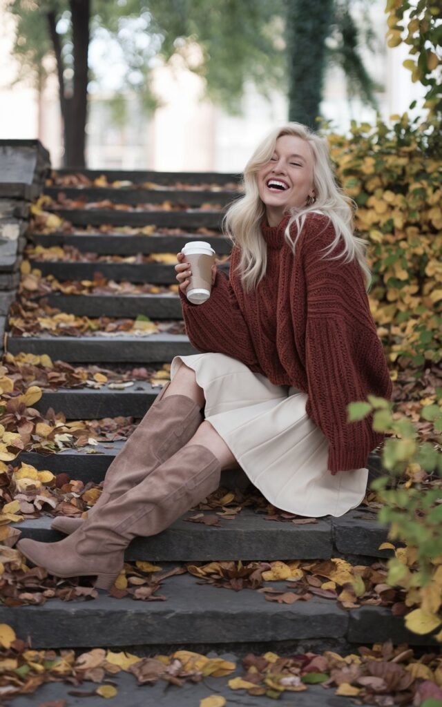 Outdoor lifestyle shot of a white-skinned blonde woman sitting on stone steps surrounded by fall leaves, wearing an oversized rust chunky sweater, cream skirt, and suede boots. Natural daylight, soft focus on background. She’s laughing candidly, holding a takeaway coffee.