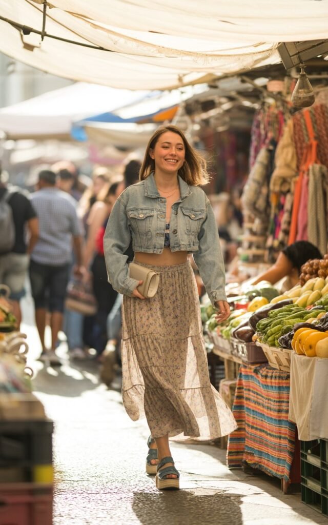Outdoor marketplace setting. The model wears a cropped light-wash denim jacket over a flowy floral maxi skirt with platform sandals. Hair loose and slightly wavy, minimal makeup. She’s walking through market stalls, smiling naturally as sunlight filters through.