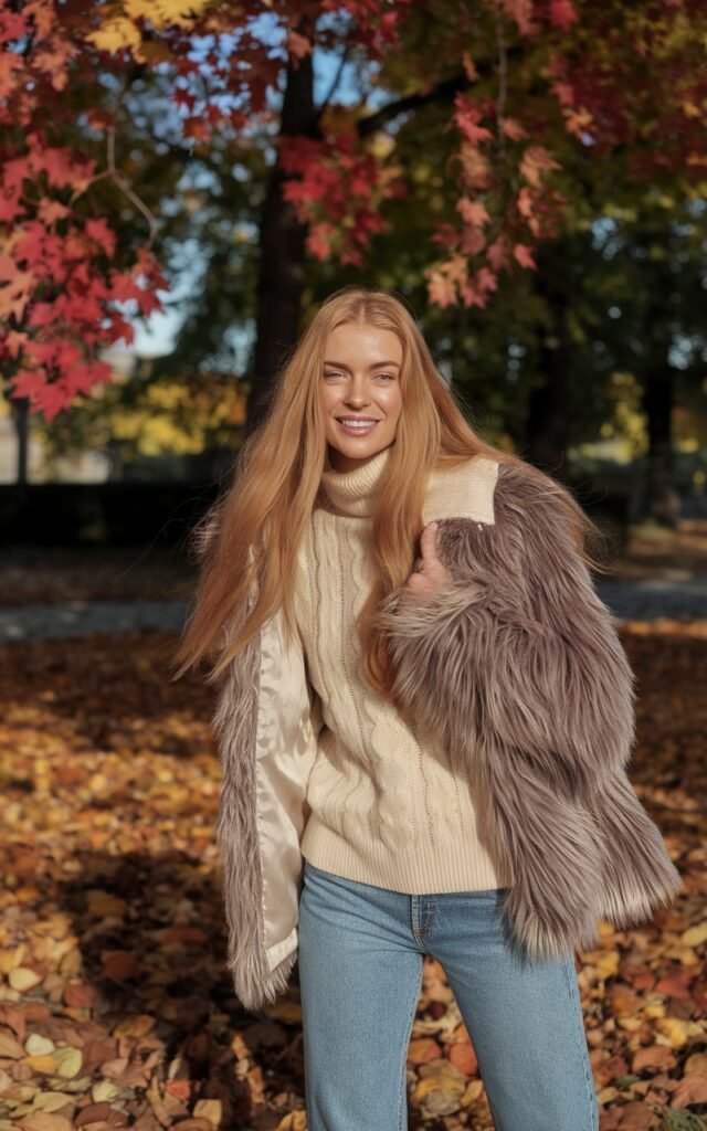 Outdoor park scene with autumn leaves. Model with long honey-blonde hair wears a cream mohair sweater, faux-fur jacket, and straight jeans. Soft sunlight filters through trees. She’s smiling warmly, hands tucked in her pockets.