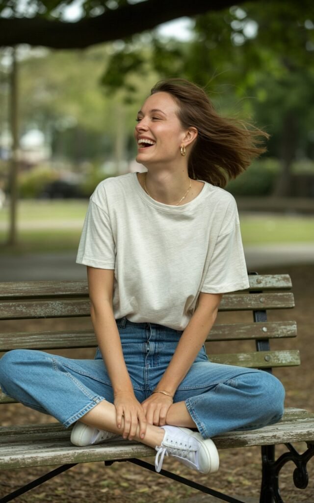 Outdoor park setting under soft daylight. Model sits on a wooden bench wearing a boxy white tee tucked into straight-leg jeans, white sneakers, and minimal accessories. Tousled hair, natural skin glow. Pose candid, looking away mid-laugh, relaxed and authentic.