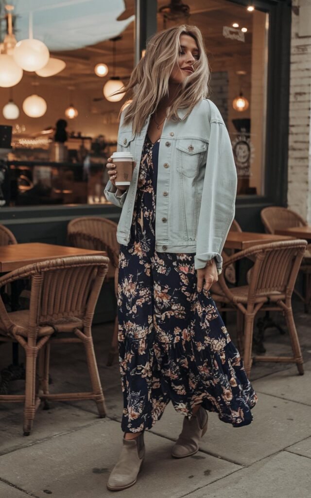 Outdoor photo in front of a cozy café. A woman in a floral maxi dress layered with a light blue denim jacket stands holding a cup of coffee. She wears ankle boots and minimal jewelry. Her blonde hair is loose and slightly messy, giving a carefree vibe. Warm golden hour light enhances the cozy, candid mood.