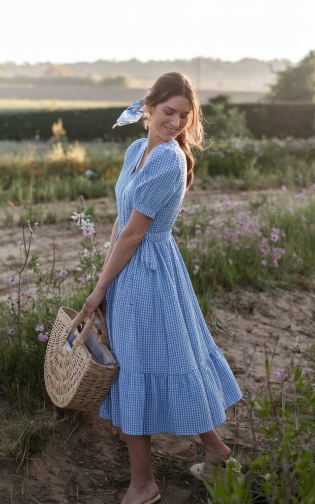 Outdoor shot in a blooming countryside field during morning sunlight. The model wears a blue gingham midi dress, carries a woven basket bag, and has a scarf tied in her hair. She’s barefoot or in espadrilles, smiling softly with the breeze in her hair.