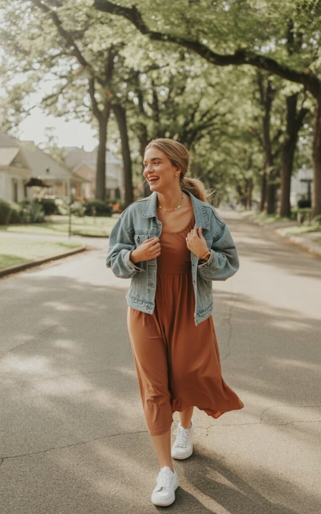 Outdoor shot in a tree-lined neighborhood under morning light. Model wears a rust-colored midi dress with crisp white sneakers and a denim jacket draped over shoulders. Minimal jewelry, soft ponytail. Pose walking casually, laughing naturally, easy and carefree energy.