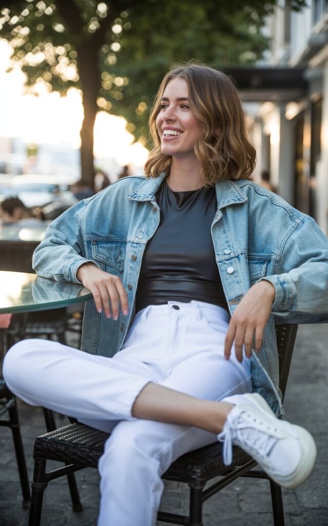 Outdoor shot near a café in soft daylight. Model wears a light-wash denim jacket over a black fitted bodysuit and white straight pants with sneakers. Hair loose and natural, subtle makeup. Pose sitting at a café table, one leg crossed, candid smile.