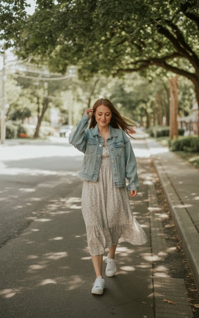 Outdoor shot on a leafy street. The model wears a floral midi dress with a light-wash denim jacket and white sneakers. Lighting soft daylight, natural shadows. Pose walking with one hand brushing through her hair, casual smile.