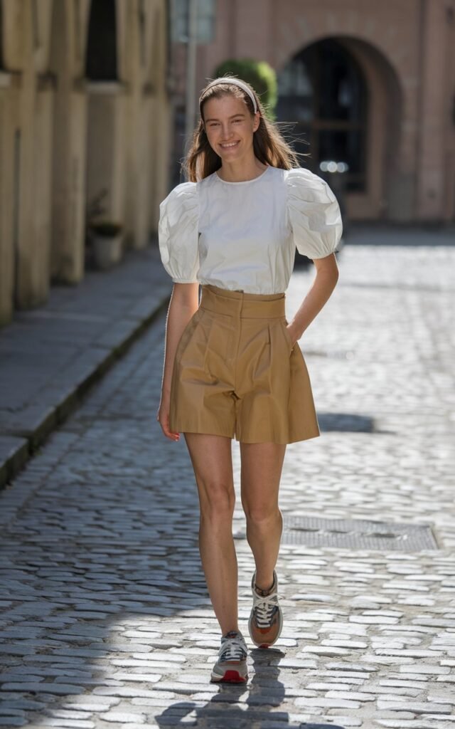 Outdoor shot on a sunny cobblestone street in summer. The model wears a white puff-sleeve blouse, tan high-waisted shorts, and retro sneakers. Her hair is tied with a headband, and she’s mid-stride, smiling naturally under bright daylight.