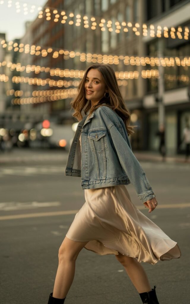 Outdoor urban evening scene with fairy lights in the background. The model wears a silky champagne slip dress with a cropped light-wash denim jacket and ankle boots. Her brunette hair is loose and wavy. She’s mid-walk, looking back with a soft smile under warm ambient light.
