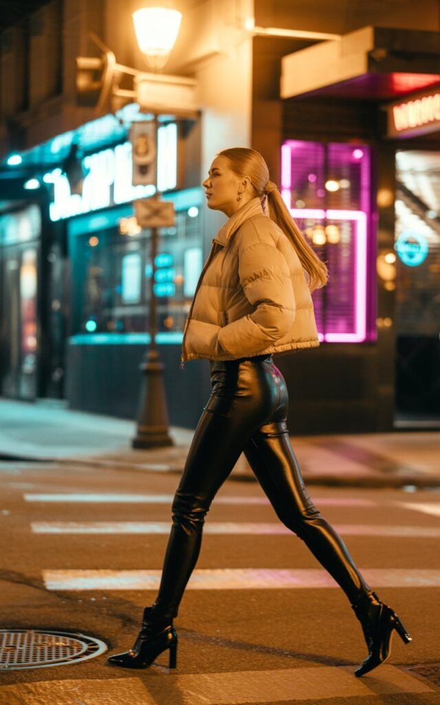 Outside a trendy urban bar at night, a fair-skinned woman with sleek ponytail wears a cropped beige puffer jacket, black faux-leather leggings, and heeled ankle boots. Streetlights and neon signs illuminate her look. She’s walking mid-stride, confident and stylish against the cool night backdrop.