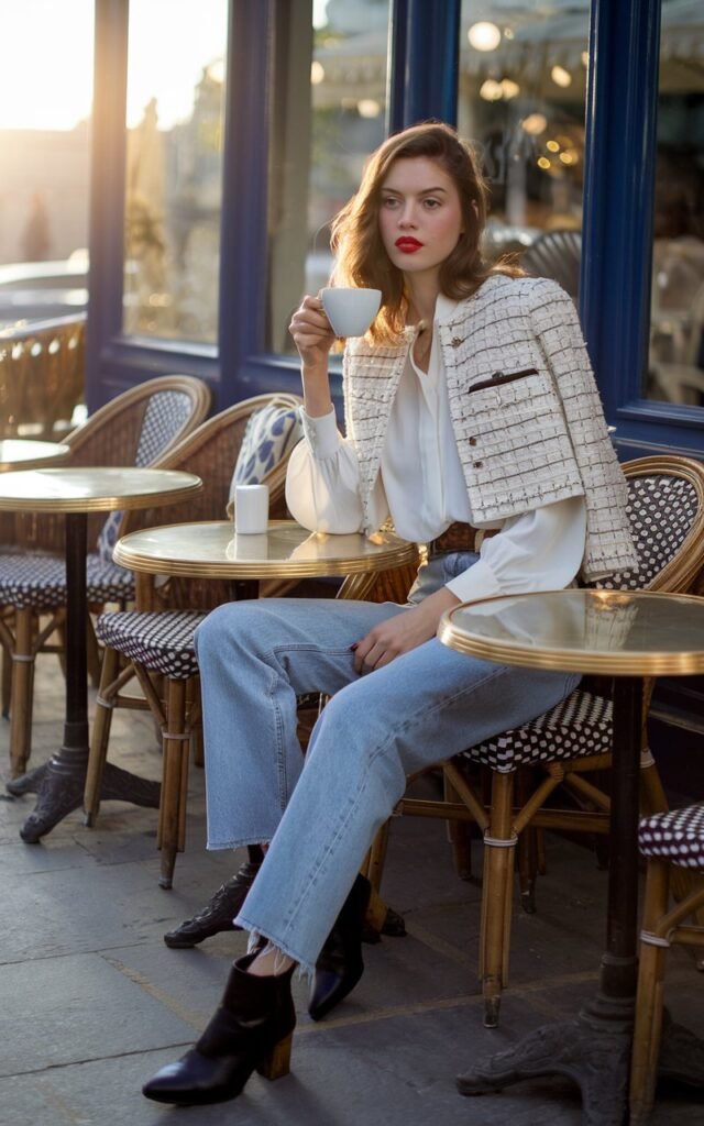 Parisian-style café terrace backdrop at golden hour. The model sits elegantly with coffee in hand, wearing a white silk blouse layered under a cropped tweed jacket. Straight-leg jeans and ankle boots balance the look. Her red lipstick pops against the soft light, and her pose exudes effortless sophistication.