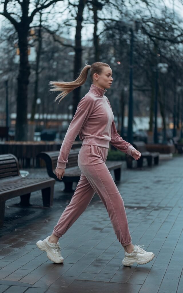 Photo in a trendy city park on an overcast afternoon. The model wears a velour pink matching tracksuit with chunky white sneakers. Her hair is in a ponytail, and she walks mid-motion, exuding casual Y2K energy.