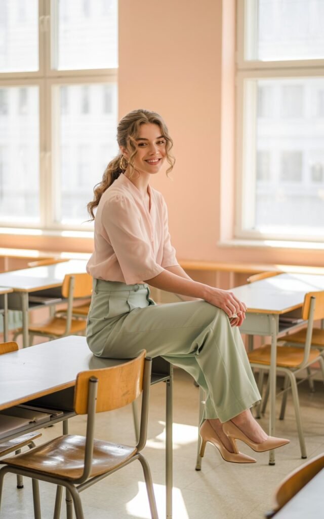 Photographed in a pastel classroom with big windows and soft morning sunlight. The model wears a blush blouse tucked into mint-green trousers with nude pumps. Hair styled in a soft ponytail, minimal jewelry. Pose sitting on a desk edge, smiling warmly.