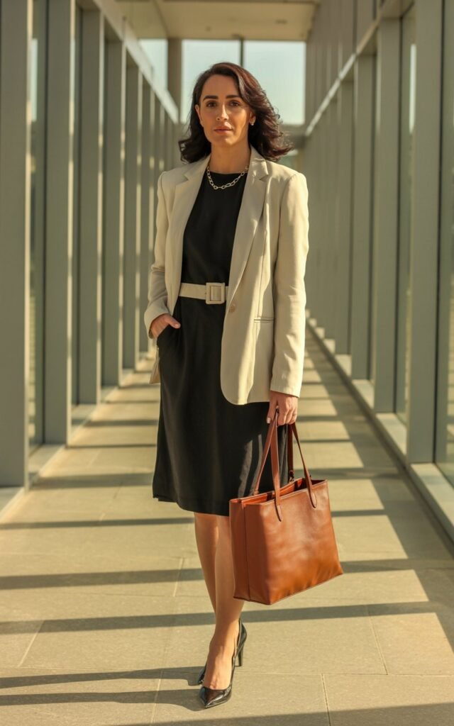 Photographed in an office hallway with glass panels and sunlight pouring in. The model wears a knee-length black dress with a beige belted blazer cinched at the waist. Accessories simple necklace, structured tote, and heels. Pose standing confidently with one hand in her pocket.