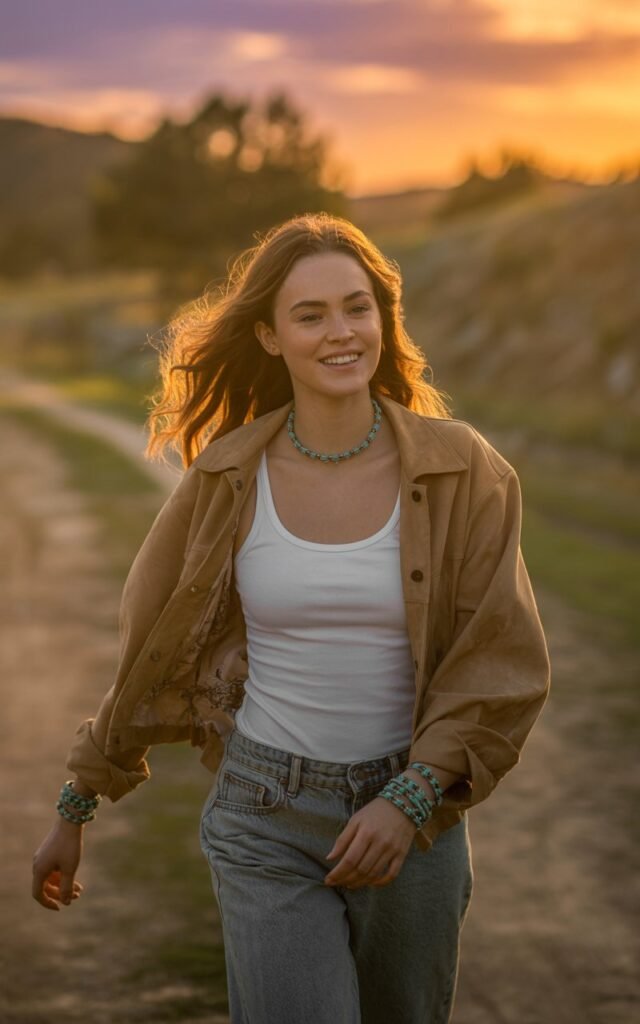 Photographed outdoors at sunset on a dirt trail, the model wears a tan suede jacket, white tank top, ripped blue jeans, and turquoise jewelry. She walks toward the camera with a relaxed smile, sunlight casting a golden glow through her hair.