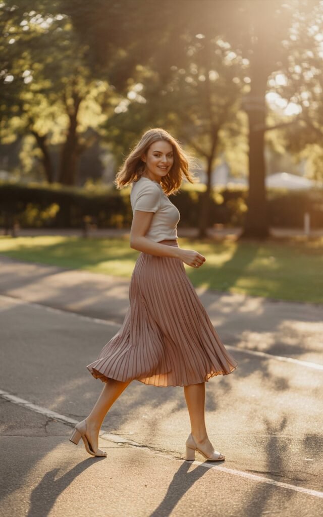 Photographed outdoors in a sunlit park. The model wears a flowy pleated midi skirt in dusty rose with a fitted cream top. Her hair is styled in loose waves, and she wears block heels. Natural golden-hour light highlights the texture of her skirt. Pose walking gracefully with a soft smile, skirt swaying mid-motion.