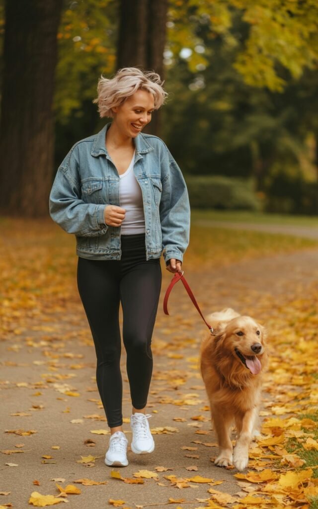 Playful outdoor photo of a white-skinned woman with short blonde hair wearing white sneakers, denim jacket, and black leggings. She’s walking her dog through a park with fallen leaves. Natural daylight, motion blur adds energy. Her expression is carefree and happy.