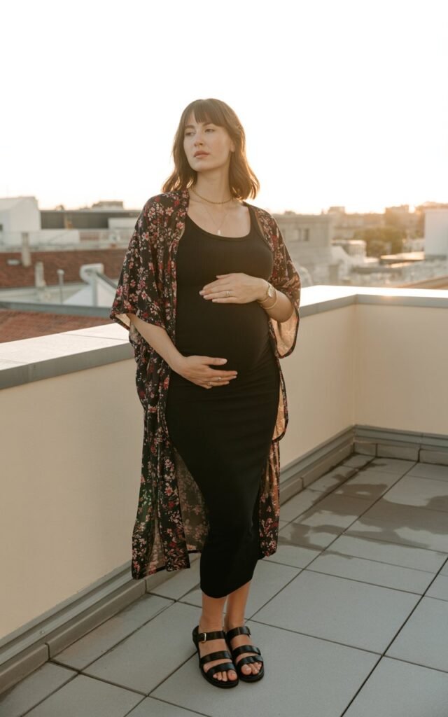Pregnant woman in a black fitted tank dress with a printed kimono tied at the waist. Rooftop terrace setting at sunset, light wind, elegant sandals, minimal gold jewelry. Confident, radiant pose.