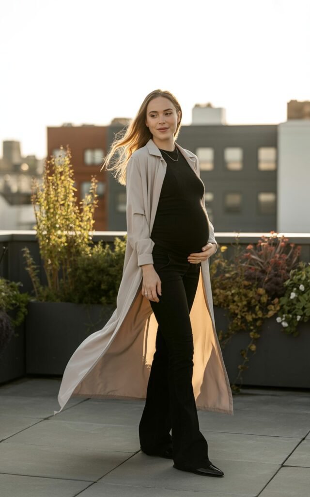 Pregnant woman in a fitted black top and trousers, layered with a long, flowy cream duster coat. Rooftop garden setting at sunset, wind gently moving the fabric. Elegant pose, subtle smile, glowing golden light.