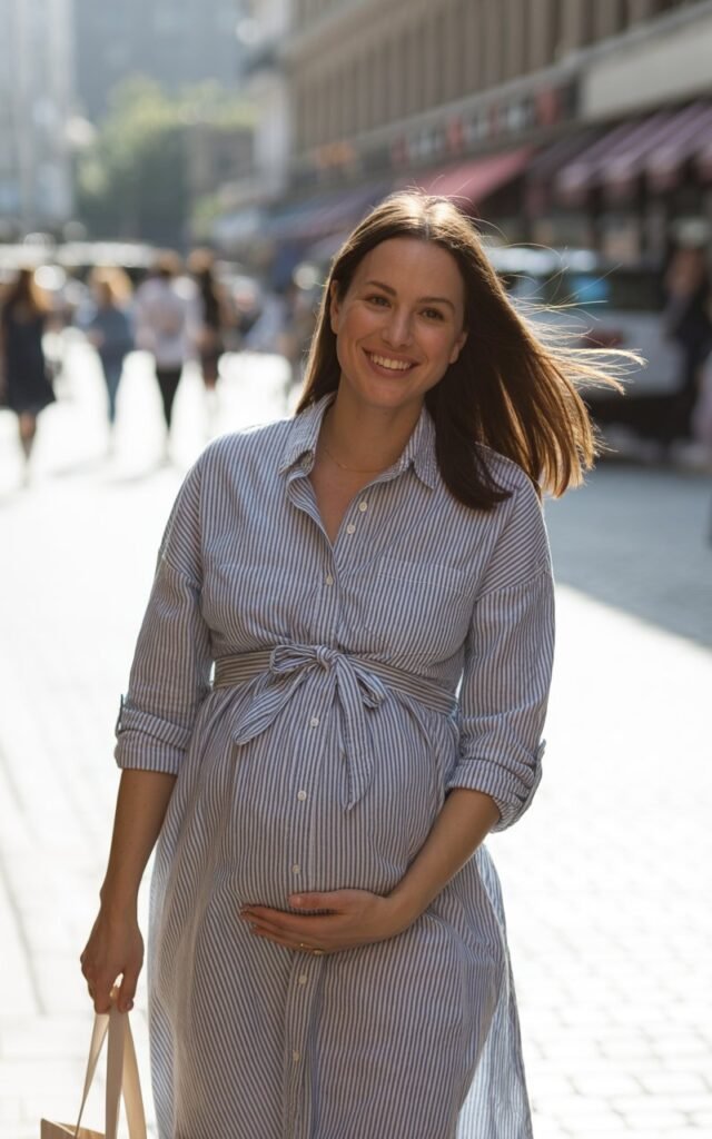 Pregnant woman in a striped cotton shirt dress with a waist tie, standing on a bright pedestrian street. Natural daylight, soft shadows, holding a tote bag. Hair loose and natural, smiling candidly.