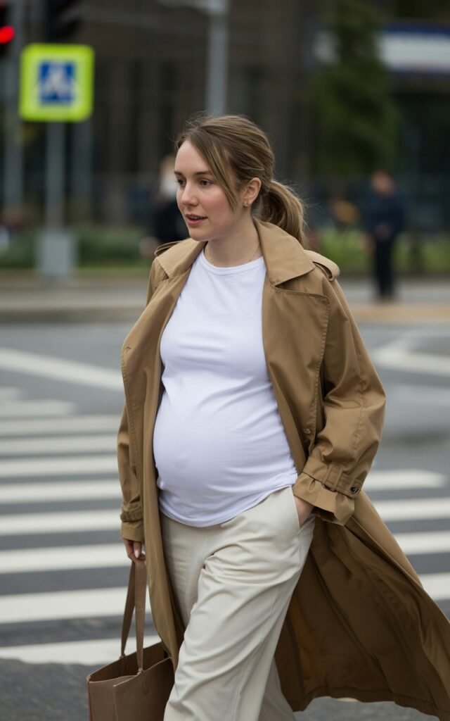 Pregnant woman in a tan trench coat over a white maternity tee and cream trousers, walking across a crosswalk. Overcast daylight, slight motion blur for realism. Hair in a low ponytail, tote bag swinging.