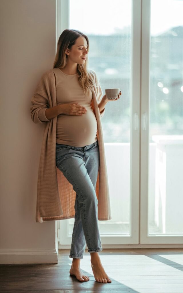 Pregnant women Casual outfit with a long soft tunic and fitted maternity jeans. Indoors near a large window, holding a cup of tea. Gentle morning light, barefoot, hair half-up. Calm, cozy energy.