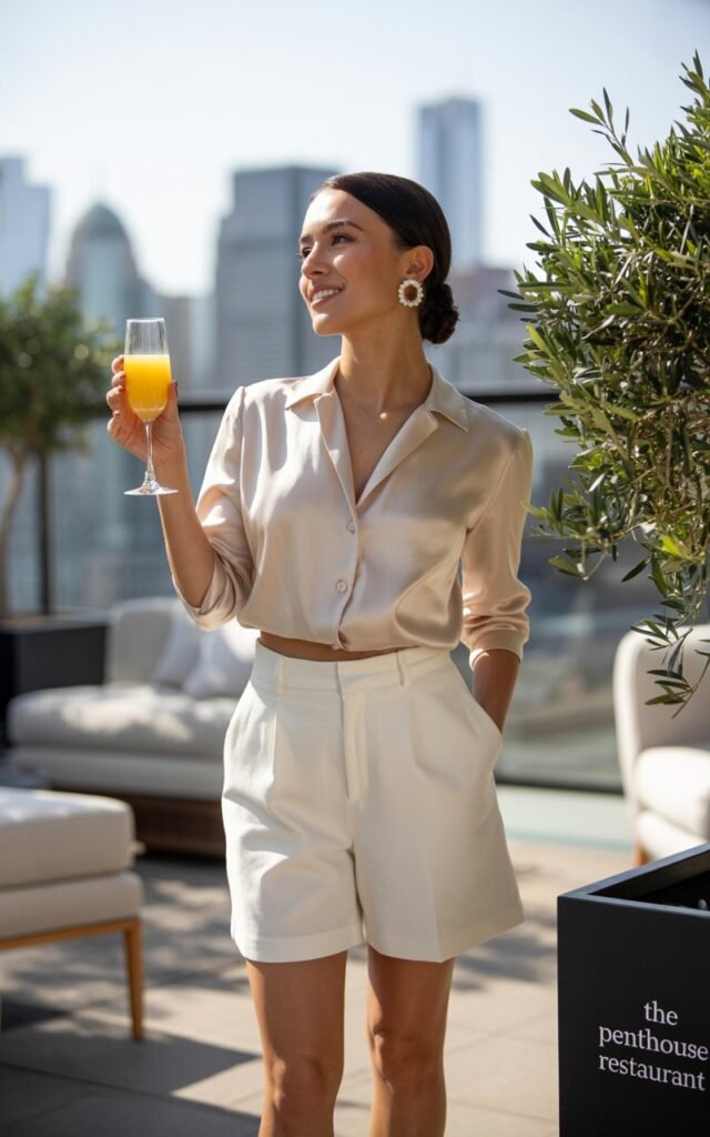 Rooftop brunch setting, natural daylight. Model in a cream silk blouse tucked into tailored high-waist white shorts, nude sandals, and pearl earrings. Standing gracefully with a mimosa, refined expression.
