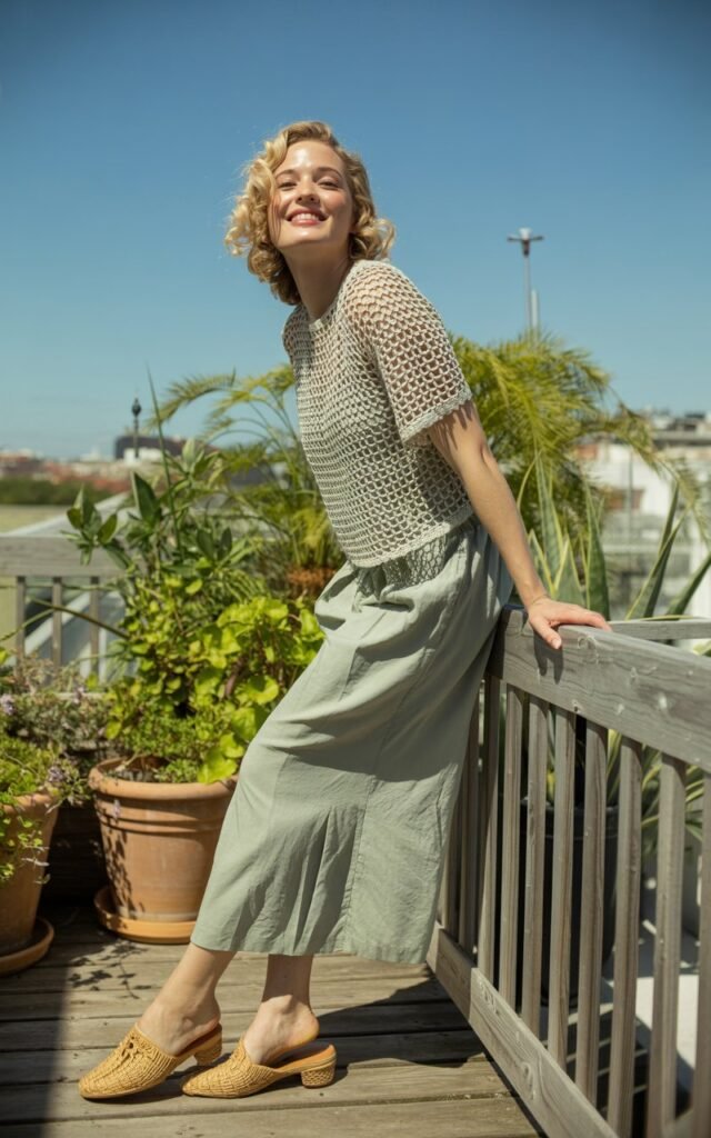 Rooftop garden setting under bright daylight. The woman wears a cream crochet top with sage-green linen culottes and woven mules. Her blonde hair is styled in soft waves, and she poses leaning against a rustic railing with a calm, natural smile. The textures of crochet and linen pop beautifully in the sunlight.