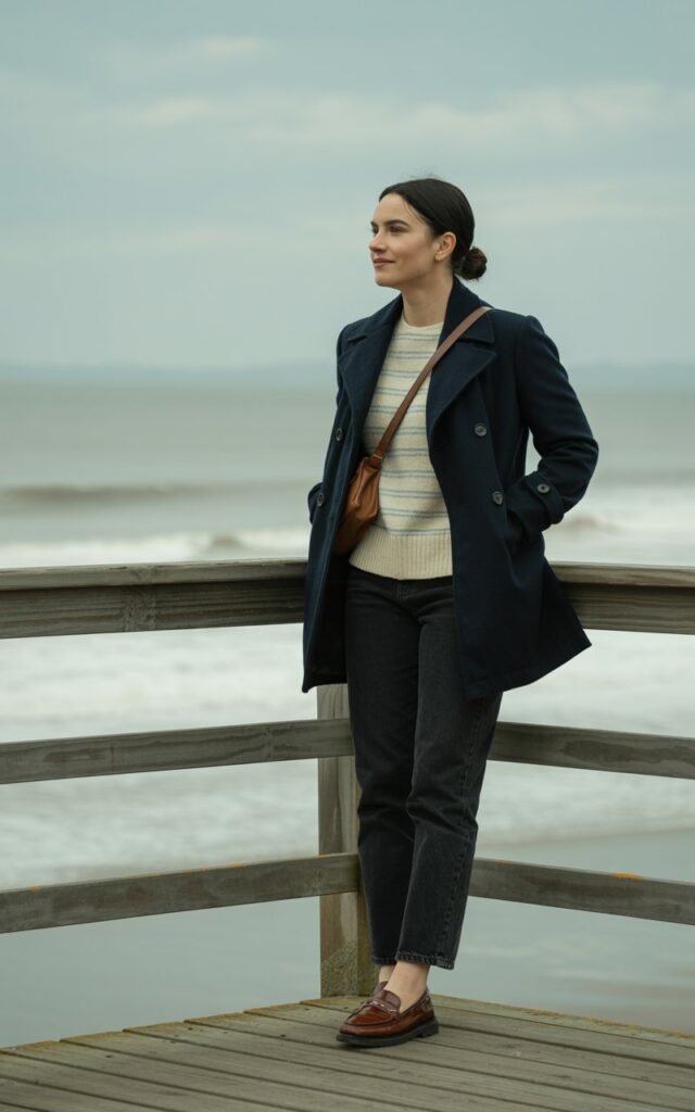 Seaside boardwalk setting with overcast daylight. She’s dressed in a navy peacoat, striped sweater, straight-leg jeans, and loafers. Her hair is tied in a low bun, and she carries a small crossbody bag. She’s leaning on a railing, smiling softly toward the ocean.
