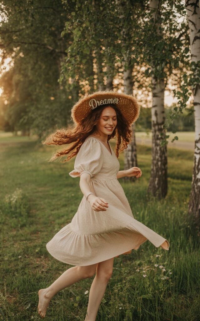 Set in a sunlit meadow, the model twirls barefoot in a cream puff-sleeve dress. A woven straw hat rests on her head, with long loose curls spilling out. Soft golden hour light filters through trees, creating a dreamy glow. Her carefree expression matches the romantic vibe.