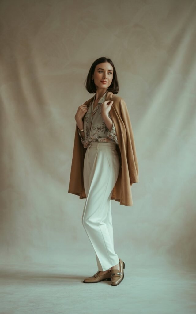 Shot in a neutral-toned studio. The model wears a floral blouse tucked into white high-rise trousers, topped with a tan cardigan. Simple loafers and minimal jewelry finish the look. Lighting diffused daylight. Pose standing slightly turned, adjusting her cardigan with a composed smile.
