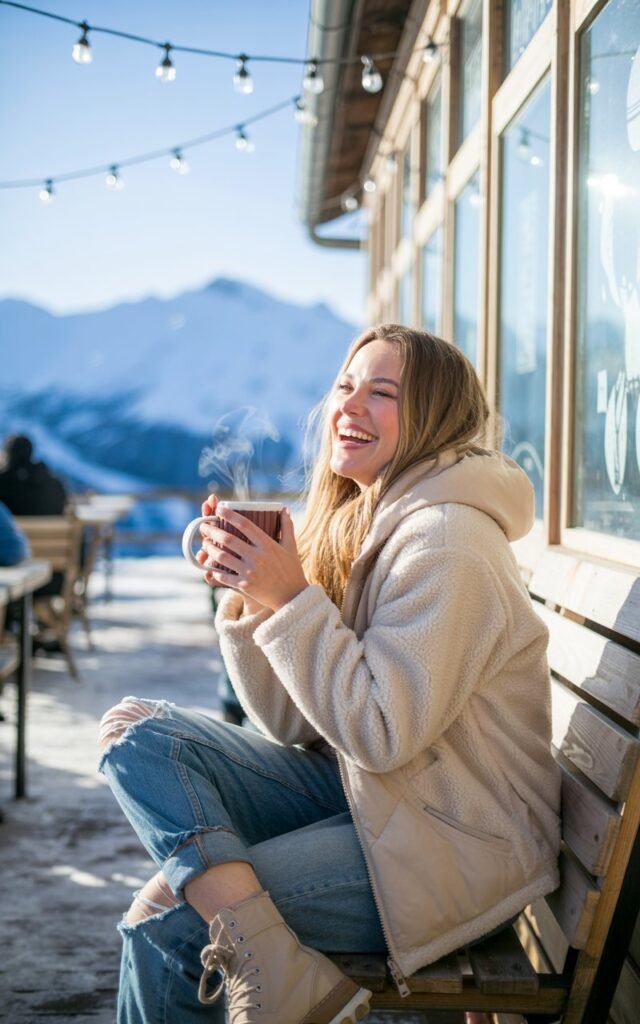 Shot in a snowy mountain café patio under bright daylight. She’s wearing a cream sherpa jacket, distressed blue jeans, and lace-up boots. A hot cocoa steams in her hands, and her cheeks are flushed from the cold. She looks playful and relaxed.
