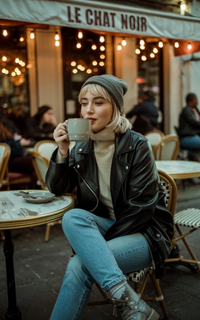 Shot in an outdoor café setting at dusk. She’s sitting casually with one leg crossed, wearing a black leather jacket over a cream turtleneck, jeans, and a gray beanie. Her boots are chunky, and she’s sipping coffee with a soft smirk. Lighting is warm and cinematic.
