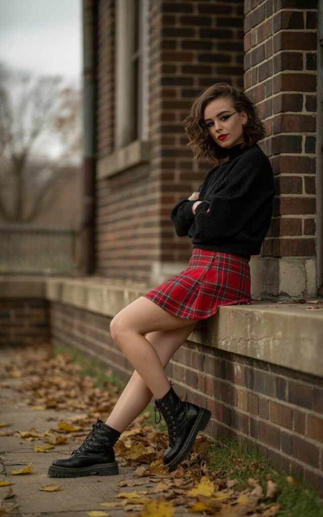 Shot in front of an old brick school building. The model wears a red plaid mini skirt, black oversized sweater, and lace-up combat boots. Black eyeliner and messy waves add edge. She leans against the steps railing, arms crossed, with a bold smirk.