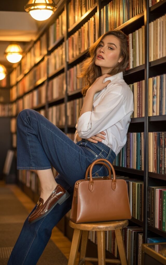 Shot on a cozy bookstore corner with warm ambient light. The model leans casually against a bookshelf, wearing dark indigo jeans, a crisp white button-down, and brown leather loafers. A structured bag sits beside her. Her hair is loose and glossy, makeup natural. The photo feels intimate, preppy, and polished.