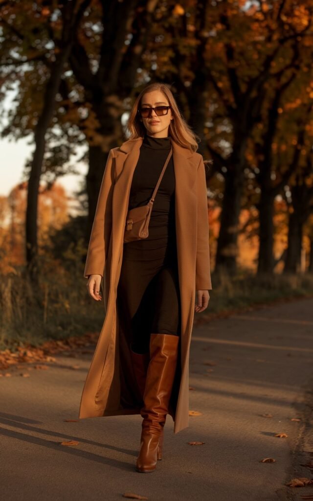 Shot on a tree-lined path with autumn leaves scattered around. The model walks gracefully, wearing a fitted black turtleneck, camel maxi coat, and brown knee-high boots. A crossbody bag and oversized sunglasses complete the look. The lighting is golden hour — warm, flattering, and sophisticated. Her expression is calm and confident.