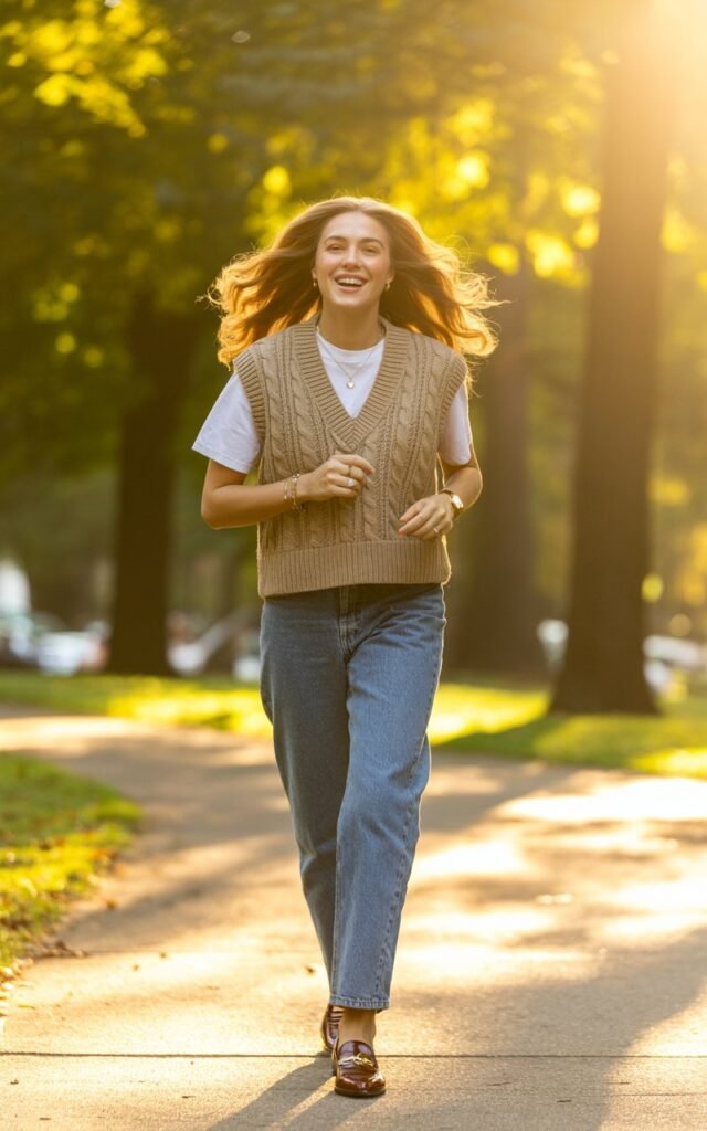 Smiling model with wavy light-brown hair walks through a park during golden hour. She wears a beige cable-knit vest over a white tee and straight-leg jeans, with gold jewelry and loafers. Warm sunlight flares behind her; candid walking shot with a natural, joyful expression.